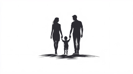 minimalist black and white sketch of a family walking together, silhouette of parents with a child, simple line drawing, artistic hand-drawn concept, abstract monochrome illustration
