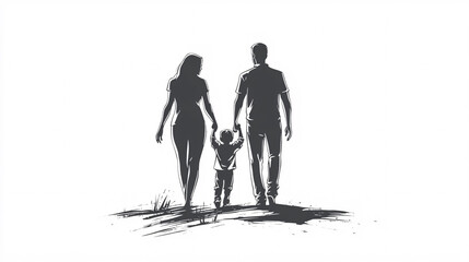 minimalist black and white sketch of a family walking together, silhouette of parents with a child, simple line drawing, artistic hand-drawn concept, abstract monochrome illustration
