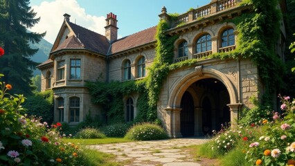 Naklejka premium A Picturesque Stone Mansion Adorned with Lush Greenery and Vibrant Flower Gardens