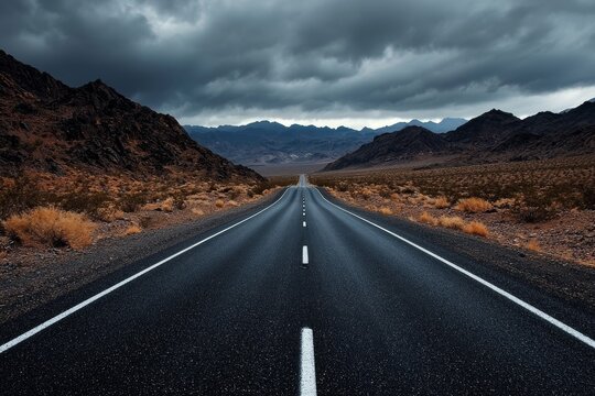 black asphalt road and white dividing lines - Powered by Adobe