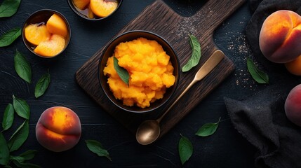 Wooden cutting board with a bowl of peach sorbet on it. the sorbet is orange in color and has a smooth texture.