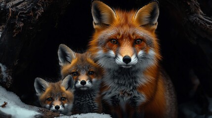 Fototapeta premium Red fox vixen with two kits in a den.