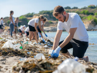 Individuals working together to clean up litter on a sunny beach shoreline during a community cleanup event