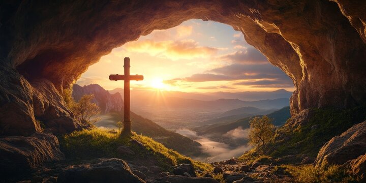 symbolic depiction of Easter morning, featuring a cross standing in a cave overlooking a breathtaking sunrise.faith, hope, and resurrection, capturing the essence of spirituality and salvation