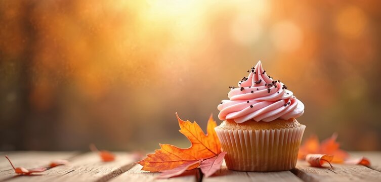Cupcake with pink cream on wooden table surrounded by autumn leaves. Festive background celebrates seasonal sweets, bakery. Baked dessert with blurred fall foliage. Thanksgiving holiday theme.