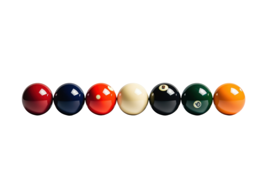 Colorful billiard balls arranged in row, showcasing various colors and numbers, perfect for game of pool or snooker