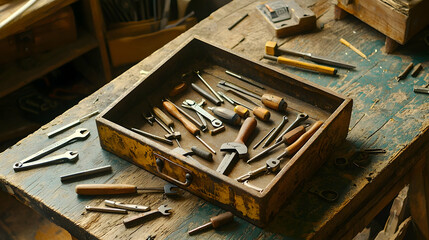 Vintage tools in wooden drawer, workshop setting, rustic background, ideal for DIY or craft projects