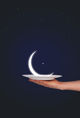 Holding a half moon on plate, share Eid Festival. Happy Eid and Ramadan Mubarak Concept