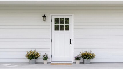 White Wooden Front Door With Glass Windows And Decorative Plants On Porch