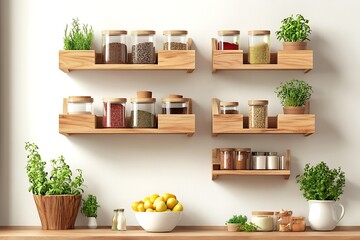 Stylish Wooden Kitchen Wall Shelves with Plants and Jars