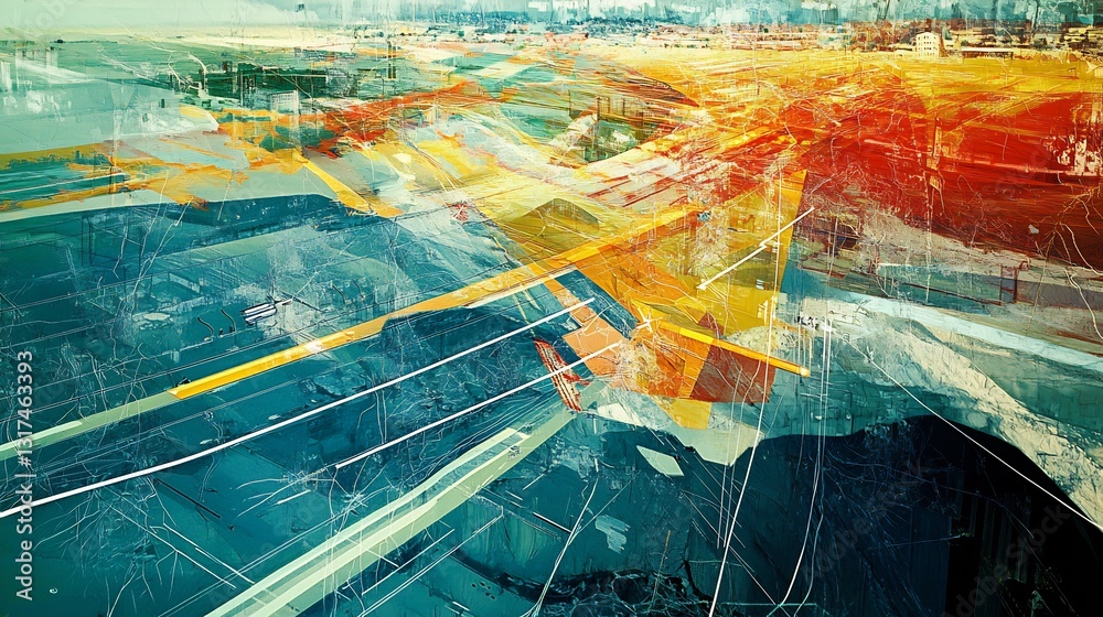 Poster Highresolution depiction of disaster response systems showcasing layered abstract maps pathways emergency action