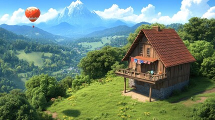 Fototapeta premium Mountain Cabin Hot Air Balloon View