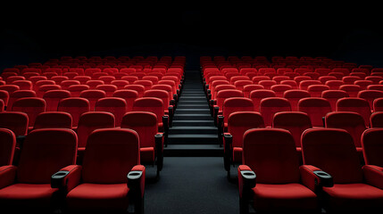 Obraz premium Dark Cinema Auditorium With Empty Red Seats And Central Aisle In Theatrical Interior Design