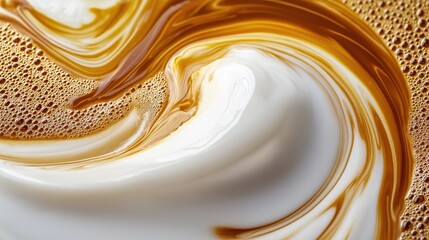 Close-up of a liquid substance, which appears to be coffee or milk. the liquid is a combination of white and brown colors, creating a swirl-like pattern.