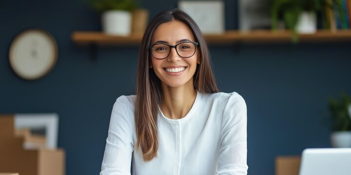 A woman wearing glasses is smiling at the camera. She is sitting at a desk with a laptop and a clock in the background