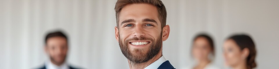 Fototapeta premium A man with a beard and a blue suit is smiling at the camera. He is surrounded by three other people, all of whom are wearing suits. Concept of professionalism and camaraderie among the group