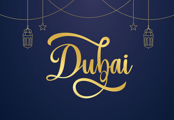 Modern Dubai typography in bold Gold letters on a Blue background, showcasing clean, vector-style font perfect for design cards, prints, and creative projects.