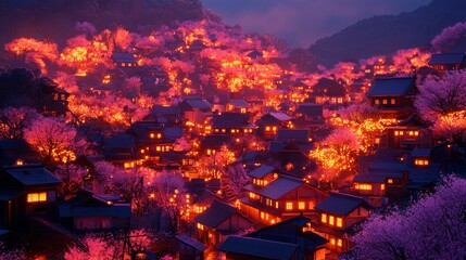 Mountain Village at Night, Blossom Trees
