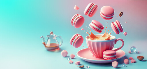 Delicate macarons and fragrant coffee in a stylish pink cup. The combination of pastel tones, delicate blossoms, and elegant cups creates a dreamy, playful atmosphere