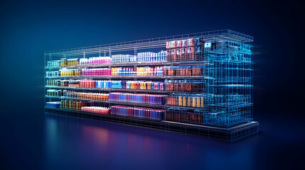 3D Render of a Futuristic Virtual Store Display With Glowing Shelves and Colorful Products on a Dark Blue Background With Neon Lighting