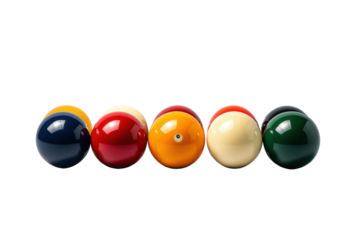 Colorful billiard balls arranged in row, showcasing various colors and designs. vibrant hues create lively atmosphere, perfect for game night or pool hall setting