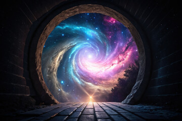 cosmic portal opening to vibrant galaxy, revealing new dimension