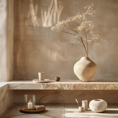 Serene indoor setting with a light brown wall, a beige marble shelf. Various ceramic and glass objects, including a candle, are arranged on the shelf and the floor. A cozy and minimalist ambiance