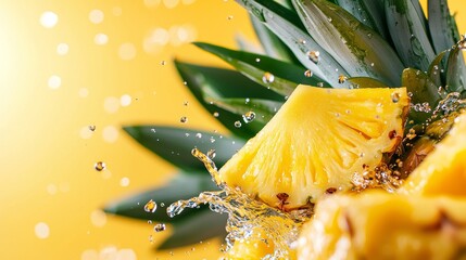 Fresh Pineapple Slice Splashing Water with Green Leaves Background