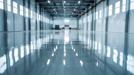 Polished epoxy floor in an empty warehouse with bright overhead lighting, highlighting the clean and modern industrial space. Concept of industrial design, cleanliness, and functionality.