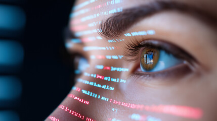 Close-up of eye with digital code reflection