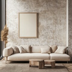 A modern living room showcases furniture and a framed artwork