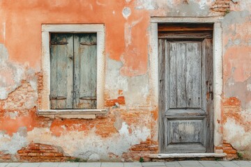 Weathered wooden door on rustic wall with exposed bricks. Neural network AI generated