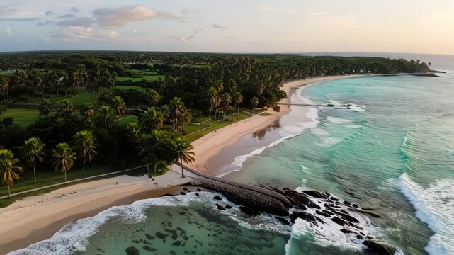 Turquoise ocean waves splashing on sandy beach with bird flying across the sky.