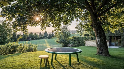 Outdoor scene Table under tree, sun, stool, rolling hills, building, greenery