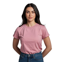 Fototapeta premium Confident woman in a soft pink t-shirt and denim jeans, perfect for a casual day isolated on transparent background
