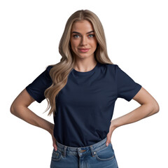 Fototapeta premium A young woman smiles, wearing a navy blue t-shirt with light blue jeans isolated on transparent background