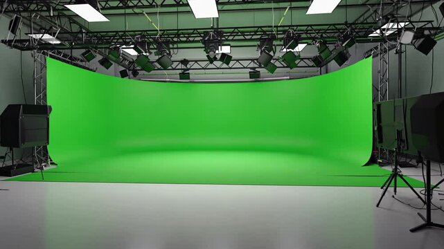 Empty film studio with green screen backdrop and lighting equipment