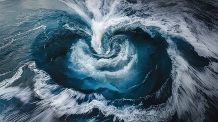 A mesmerizing whirlpool. Sea waves meet each other during the unique phenomenon of high tide and low tide. The swirling water forms a powerful whirlpool, showing a stunning combination of blue.