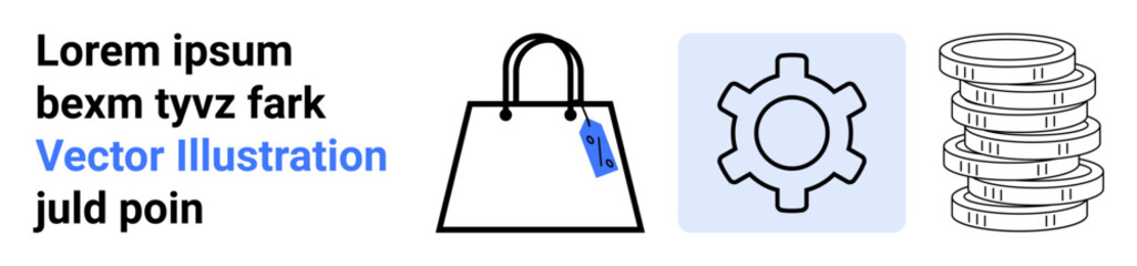 Shopping bag with a tag, gear for settings, and coin stack representing retail, technology, and finance. Ideal for e-commerce, shopping, settings, economy business operations flat landing page