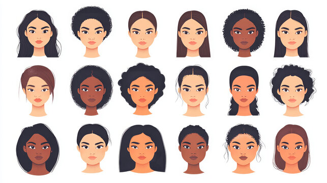 Woman face constructor vector set female character avatar creation head ears lips nose eyes eyebrows hairdo Asian African American facial elements construction illustration isolated.
