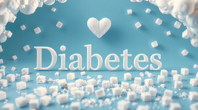 Sugar cubes forming a heart shape around 'diabetes' on a blue background, symbolizing sugar's impact on health