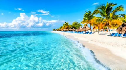 Fototapeta premium Tropical beach paradise turquoise water, white sand, palm trees, beach chairs under thatched umbrellas, clear sky. Perfect for travel brochures