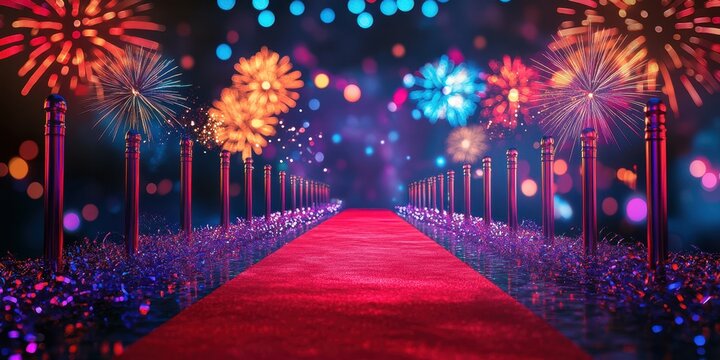 Exclusive red carpet event illuminated by colorful fireworks in a vibrant celebration - Powered by Adobe
