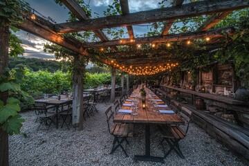 Vineyard setting rustic tables, grape vines, and string lights creating ambiance