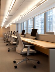 Modern office interior featuring sleek desks, ergonomic chairs, and large windows showcasing a cityscape, Ideal for illustrating workplace environments, productivity, and corporate culture,