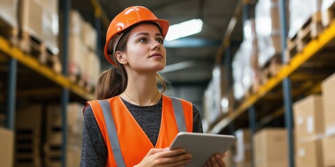 A woman wearing a safety vest and a hard hat is looking at a tablet. She is in a warehouse