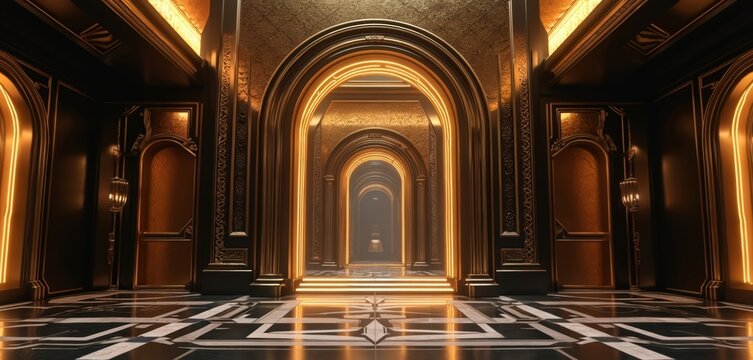 Great Gatsby inspired interior with archways. Futuristic looking room with high ceiling. 1920s style with luxury and elegance. Black, gold colors. Abstract background with depth and dimension.