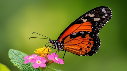 Fototapeta premium Butterfly Sipping Nectar from Colorful Flower in Lush Green Background During Warm Day