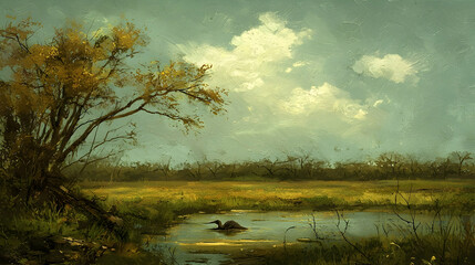 Fototapeta premium Lone bird in autumnal wetland, tranquil landscape, peaceful scene, nature background, ideal for calming visuals