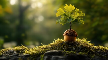 Oak sapling sprouting from acorn, mossy forest background, nature growth